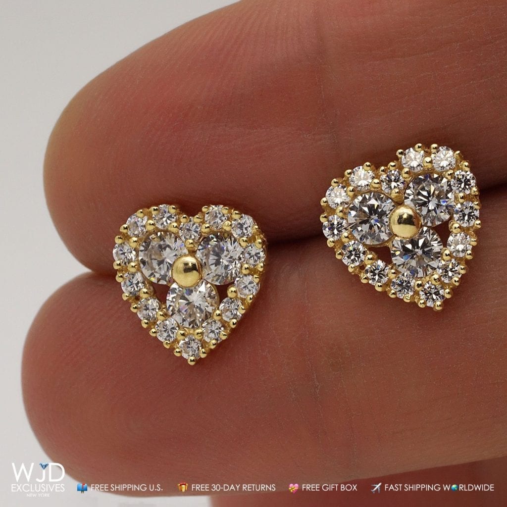 1.20Ct CZ Cluster Heart Stud Earrings 14K Yellow Gold Pushback