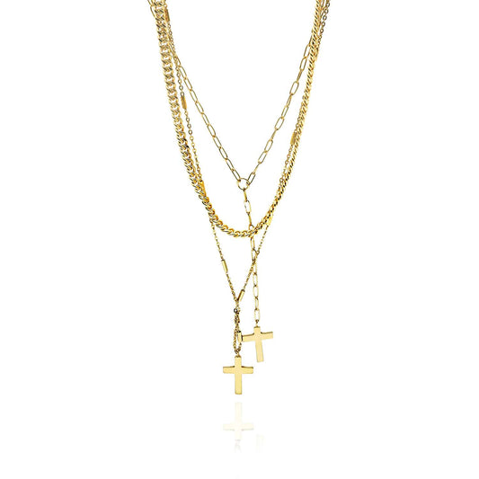 Sterling Silver 2 Cross Paperclip Cuban Curb Bar Station Necklace (Solid Links) 15"-17" Adjustable