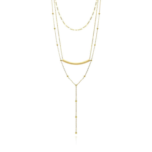 Sterling Silver Curved Bar Three Layered Chains Necklace (Solid Links) 15"-17" Adjustable