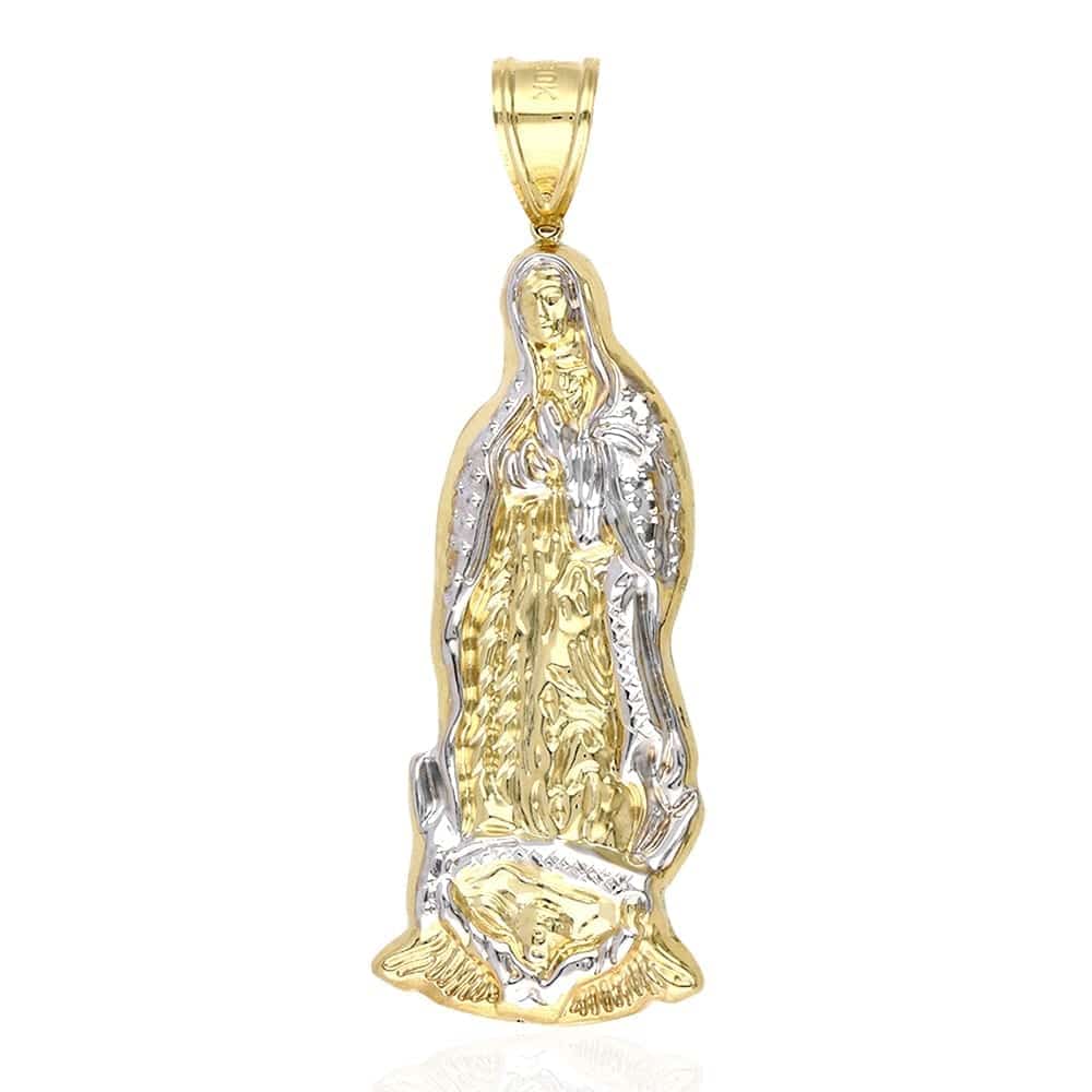 10K Yellow Gold Diamond Cut Guadalupe Virgin Mary Pendant Charm 4"