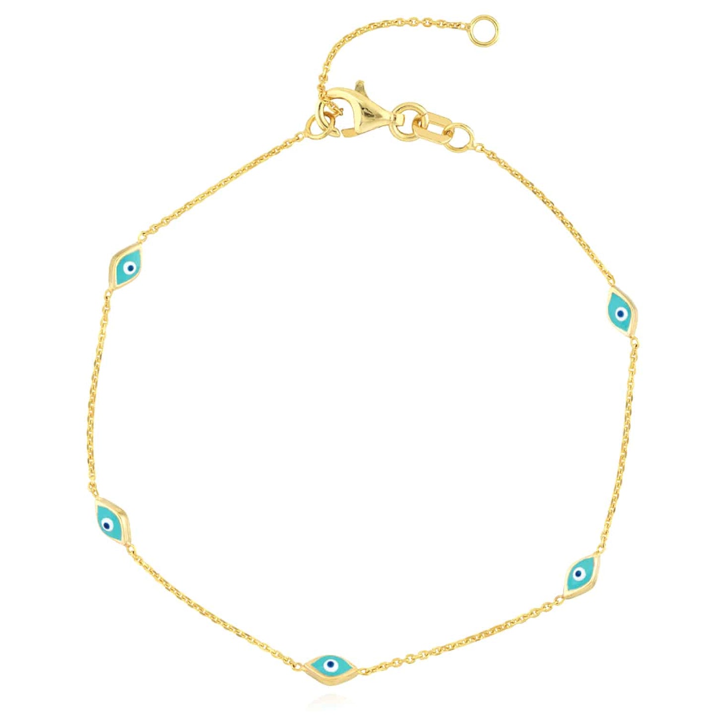 14K Real Gold Yellow Turquoise Evil Eye Station Bracelet 6.25"-7.25" Adjustable