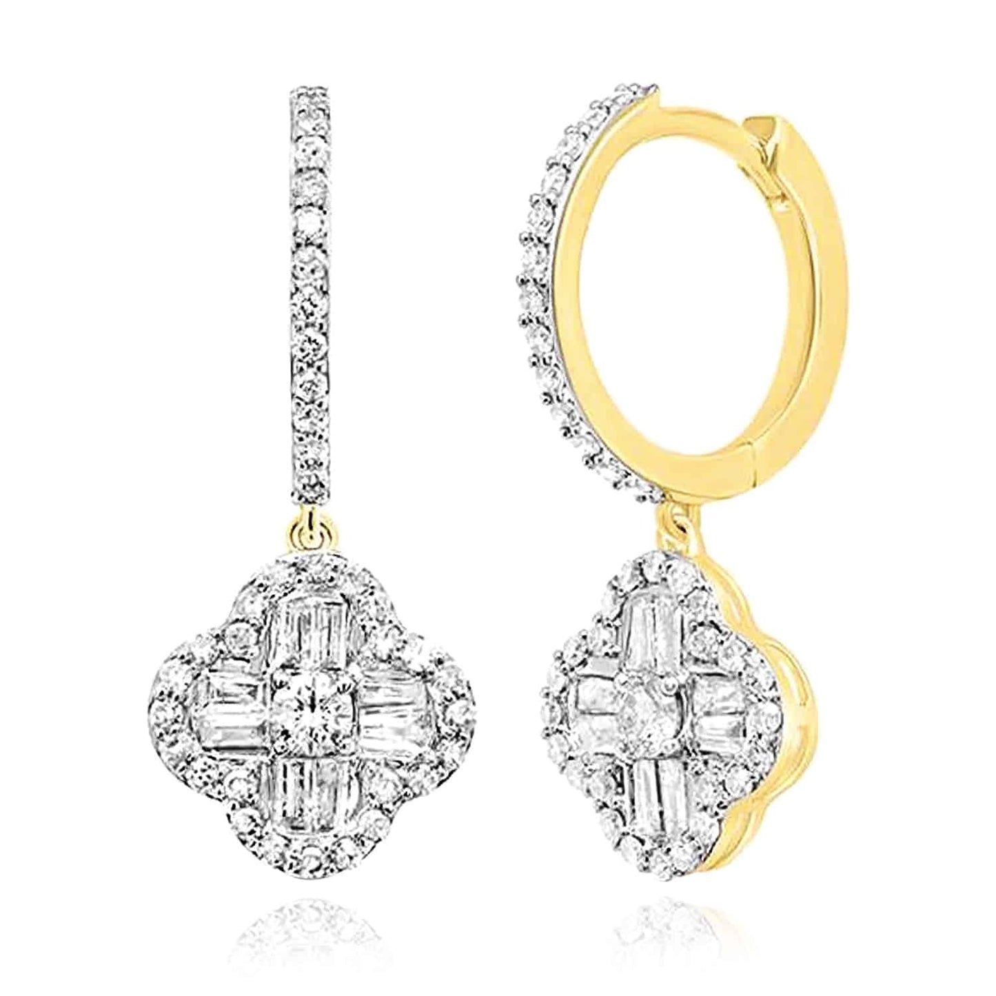 1CTW Real Diamond 10K Gold Yellow White Clover Hoop Earrings 24mm
