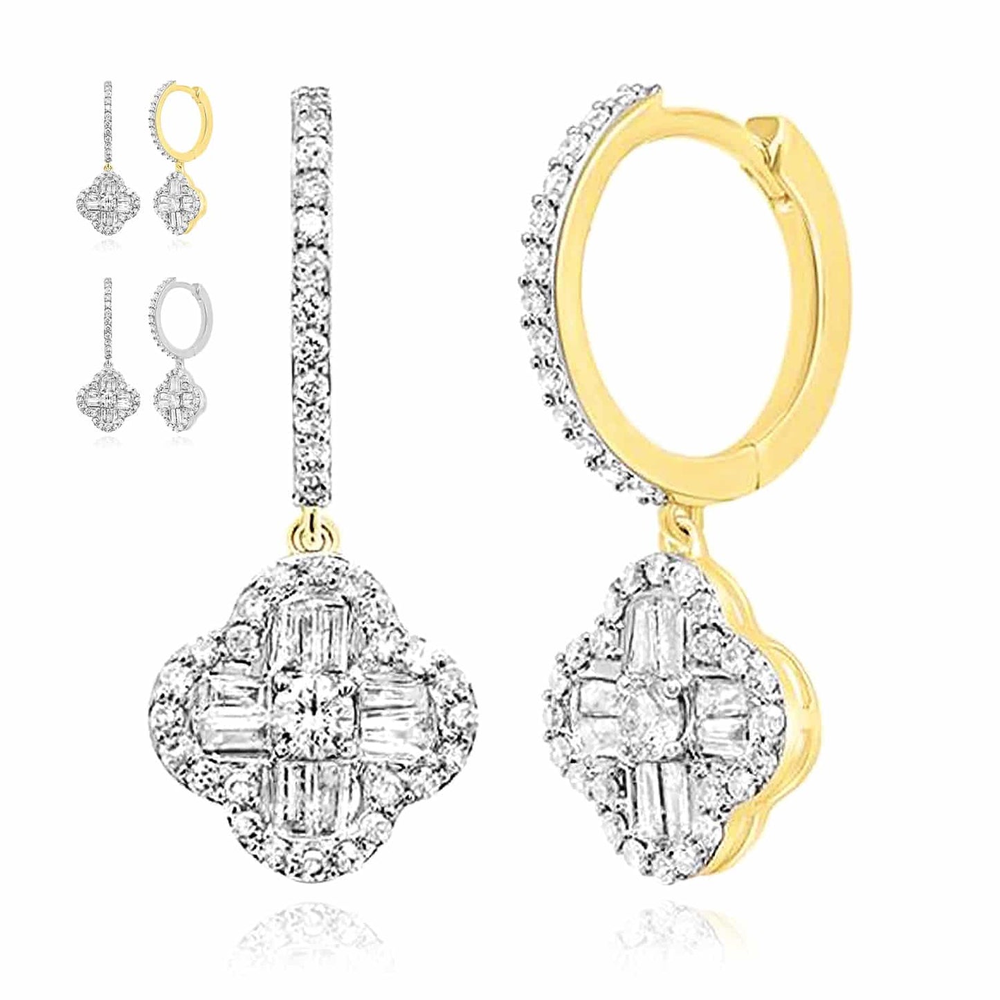 1CTW Real Diamond 10K Gold Yellow White Clover Hoop Earrings 24mm