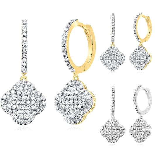 0.75CTW Natural Diamond 10K Gold Yellow White Clover Hoop Earrings 24mm