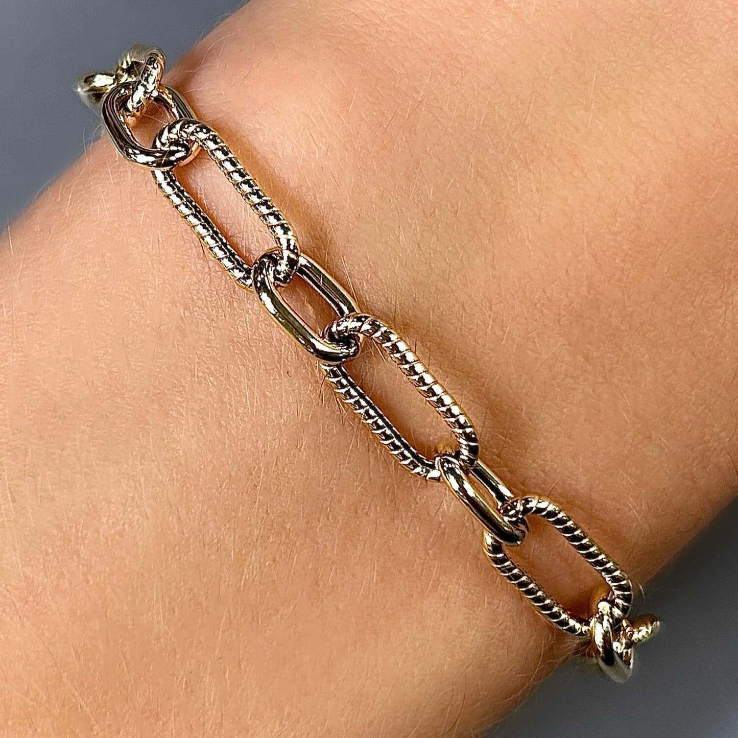 14K Real Gold 6mm Diamond-Cut Paperclip Figaro Bracelet 7.5"