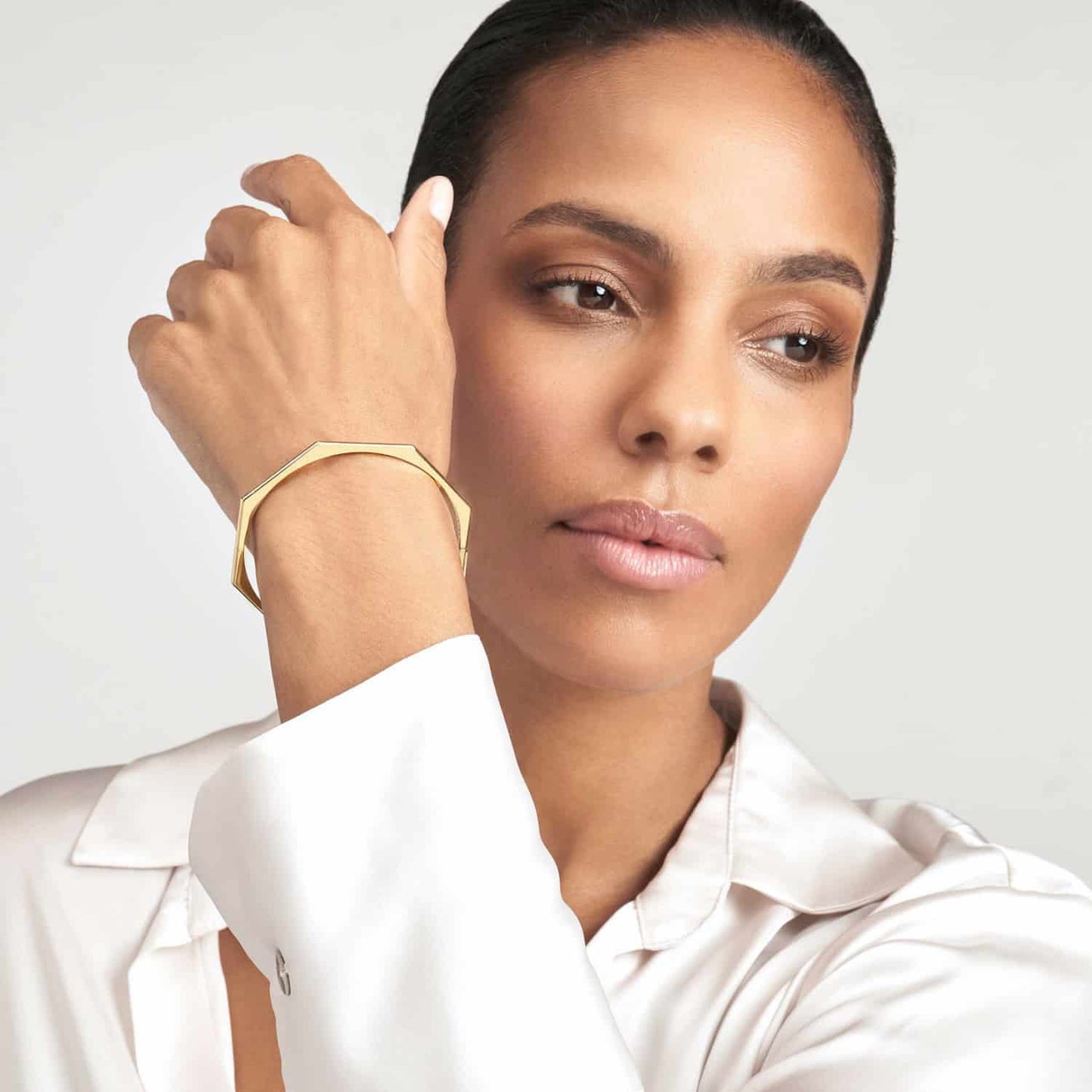 14K Real Gold Yellow 3mm Geometric Octagon Sliding Clasp Bangle Bracelet 7"