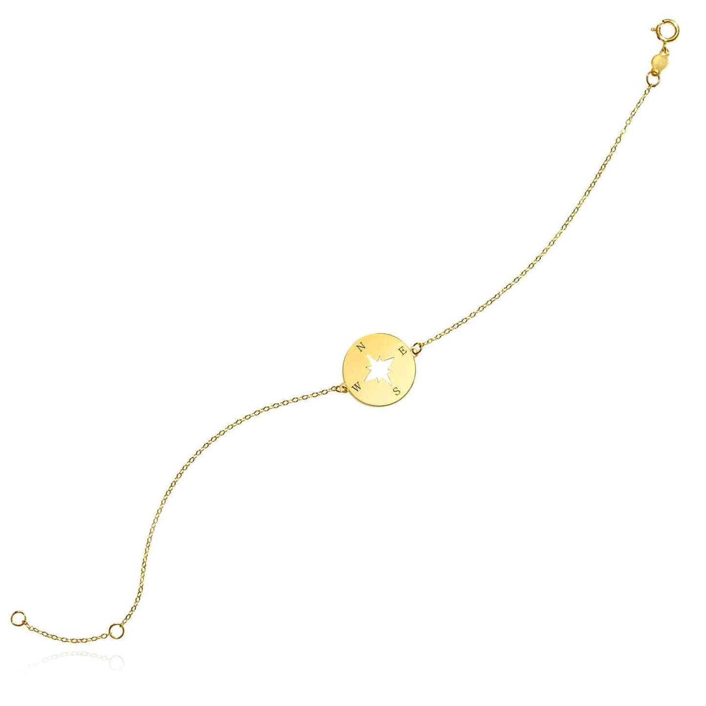 14K Yellow Gold North Star Round Disc Charm Cable Bracelet (Solid Links) 6.25"-7" Adjustable