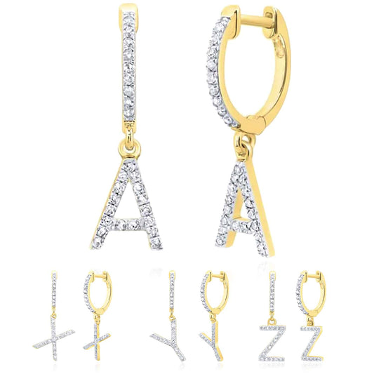 0.25CTW Natural Diamond 10K Yellow Gold Initial Letter Dangling Earrings 23mm