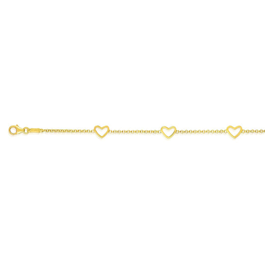 Kids 14K Yellow Gold Open Heart Charm Cable Bracelet (Solid Links) 6"