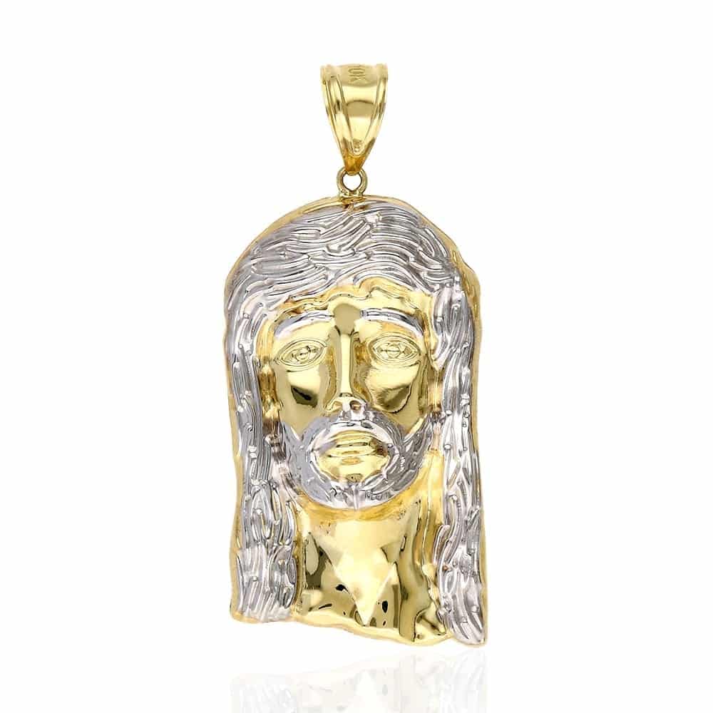 10K Yellow Gold Two Tone Diamond Cut Yellow Gold Jesus Face Charm Pendant 2.68"