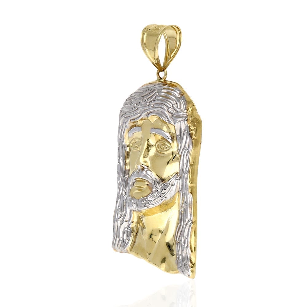10K Yellow Gold Two Tone Diamond Cut Yellow Gold Jesus Face Charm Pendant 2.68"