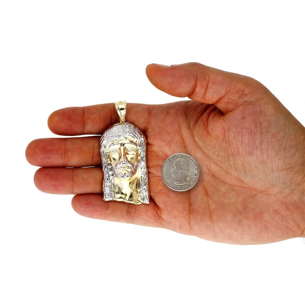 10K Yellow Gold Two Tone Diamond Cut Yellow Gold Jesus Face Charm Pendant 2.68"