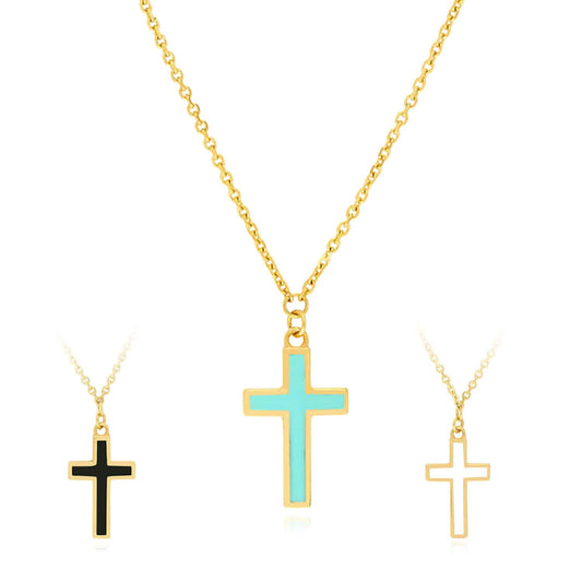 14K Yellow Gold Turquoise Enamel Cross Cable Necklace (Solid Links) 16"-18" Adjustable