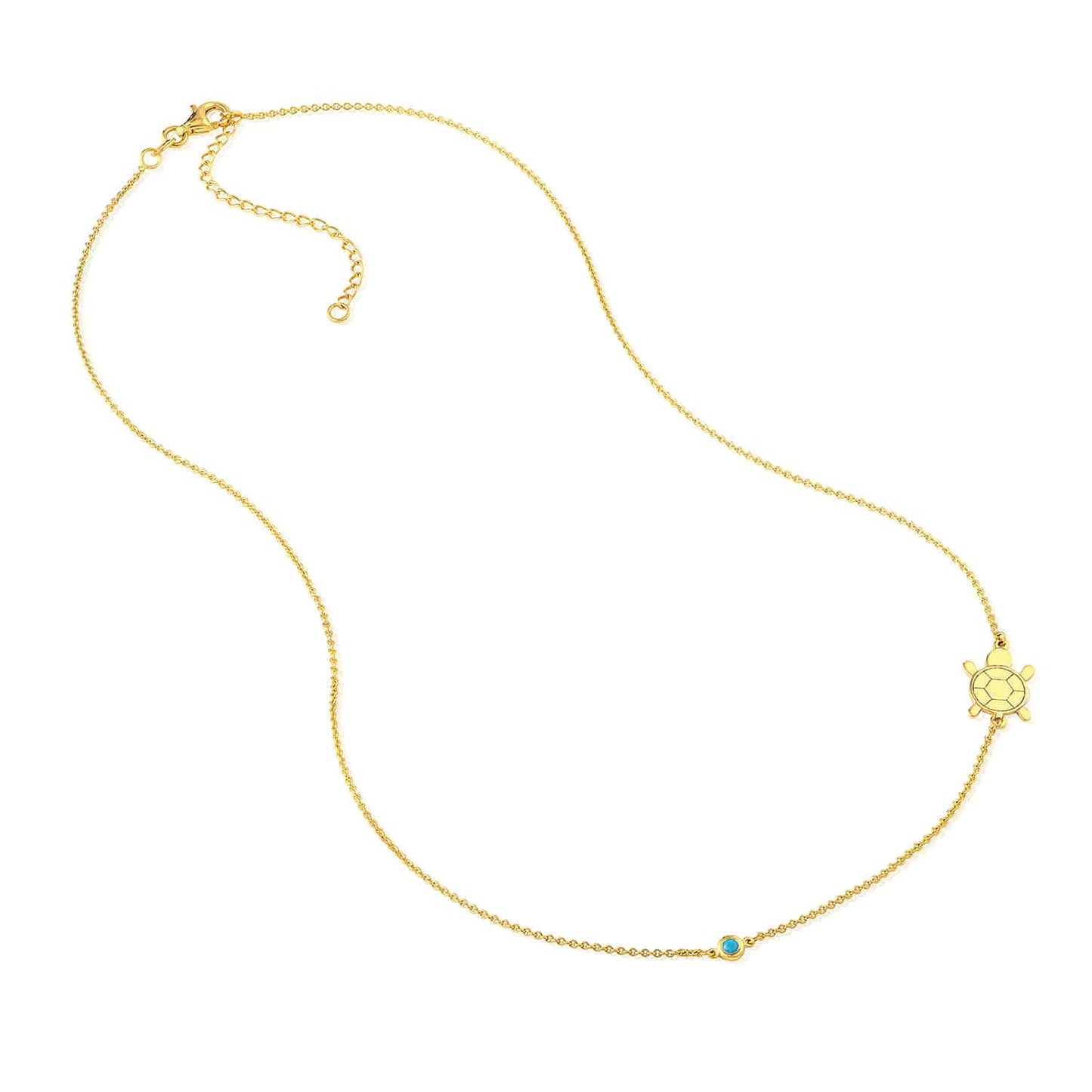 14K Real Gold Sideways Turtle Turq Bezel Pendant Necklace 16"-18" Adjustable