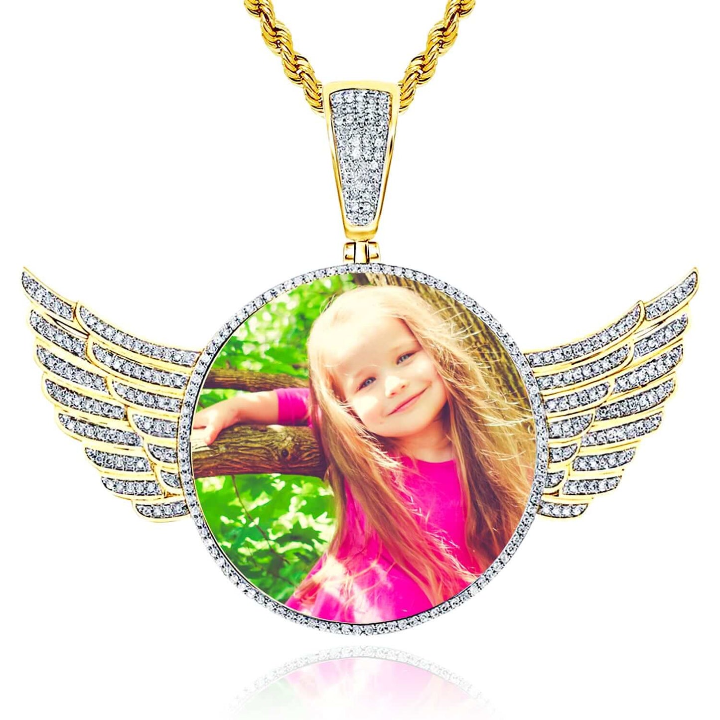 0.75CTW Real Diamond 10K Yellow Gold Round Memory Picture Pendant Wings 2"
