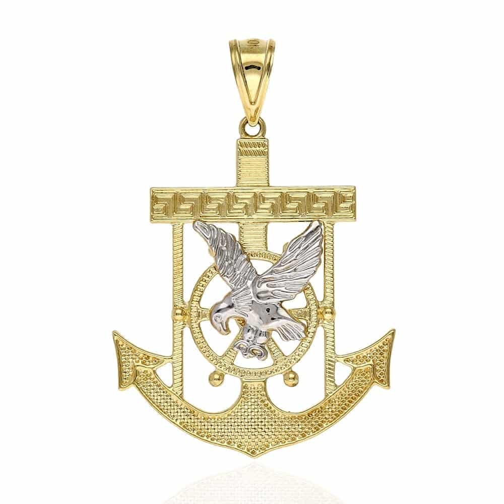 10K Yellow Gold Two-Tone Diamond Cut Eagle Anchor Charm Pendant
