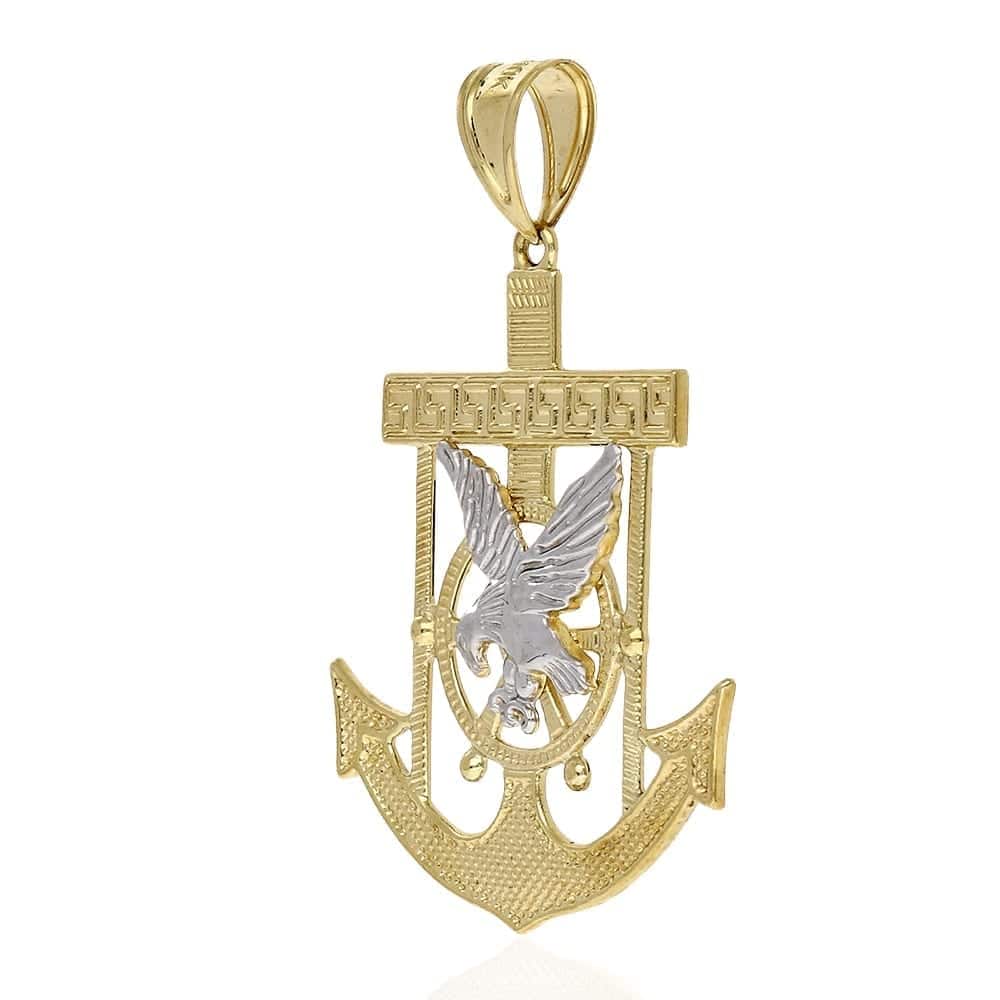 10K Yellow Gold Two-Tone Diamond Cut Eagle Anchor Charm Pendant