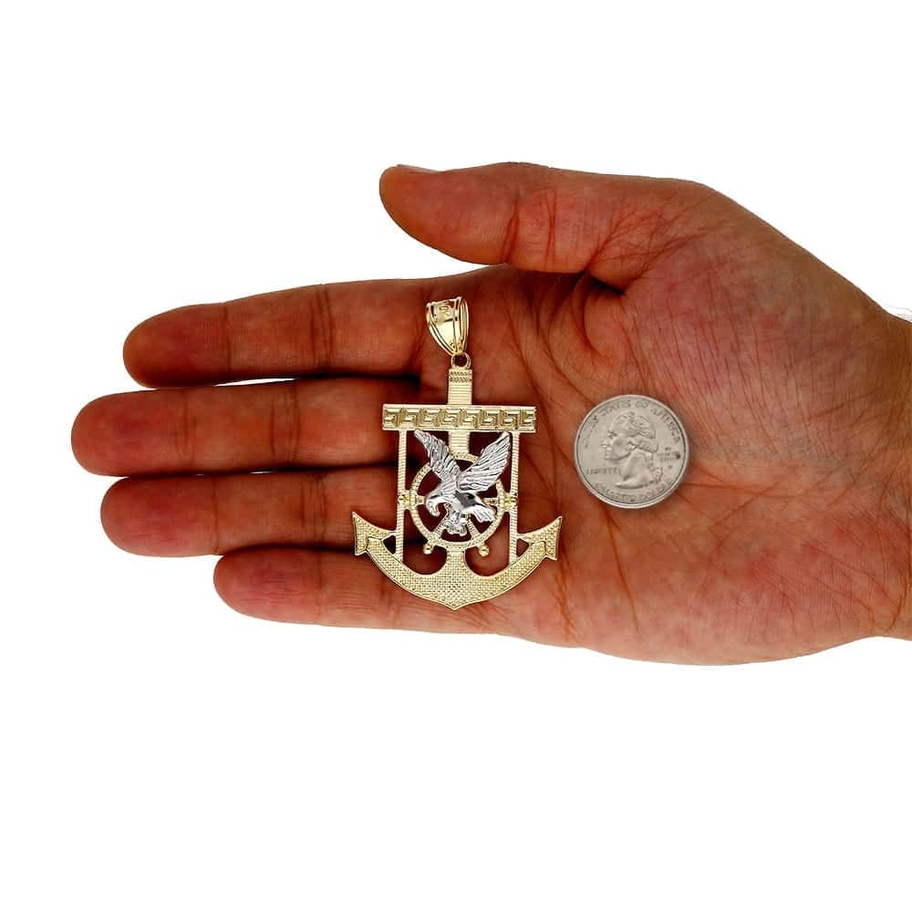 10K Yellow Gold Two-Tone Diamond Cut Eagle Anchor Charm Pendant