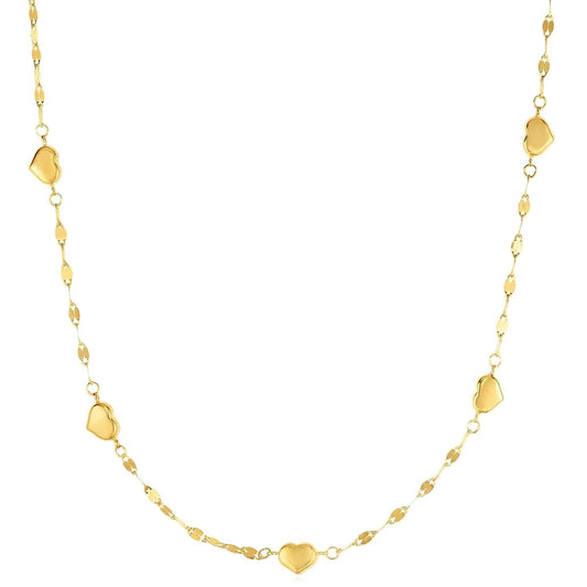 14K Yellow Gold 2mm Mirror-Link Heart Charms Chain (Solid Links) 18"