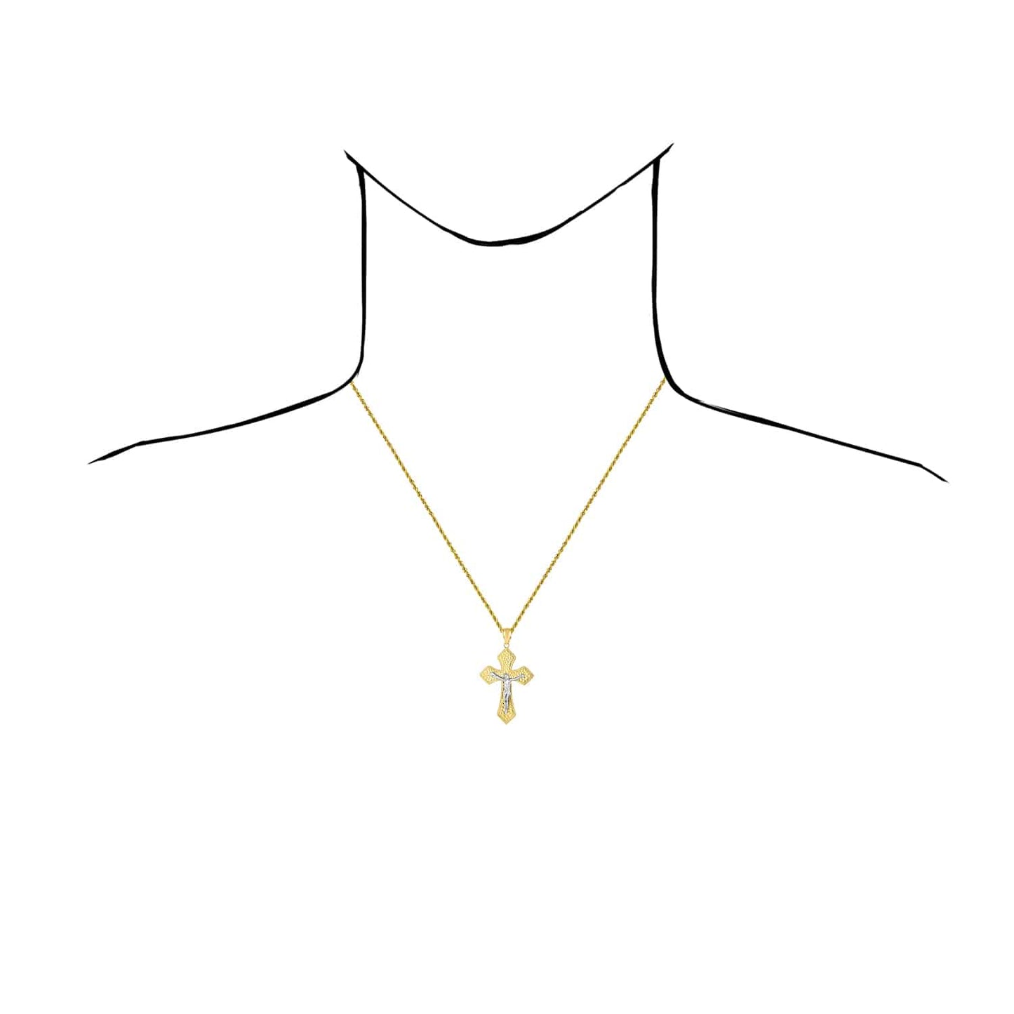 14K Real Gold Two-Tone Yellow White Nugget Pattern Jesus Cross Pendant 1.9"