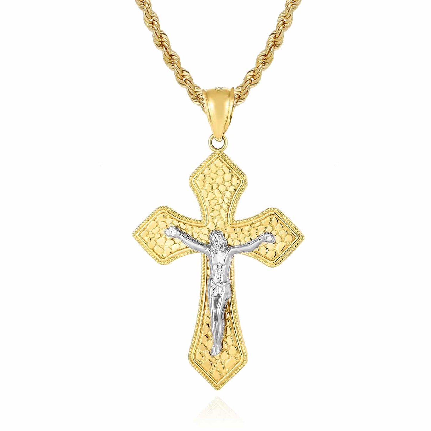 14K Real Gold Two-Tone Yellow White Nugget Pattern Jesus Cross Pendant 1.9"