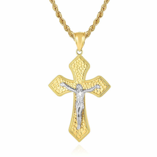 14K Gold Two-Tone Yellow White Nugget Pattern Jesus Cross Pendant 1.9"
