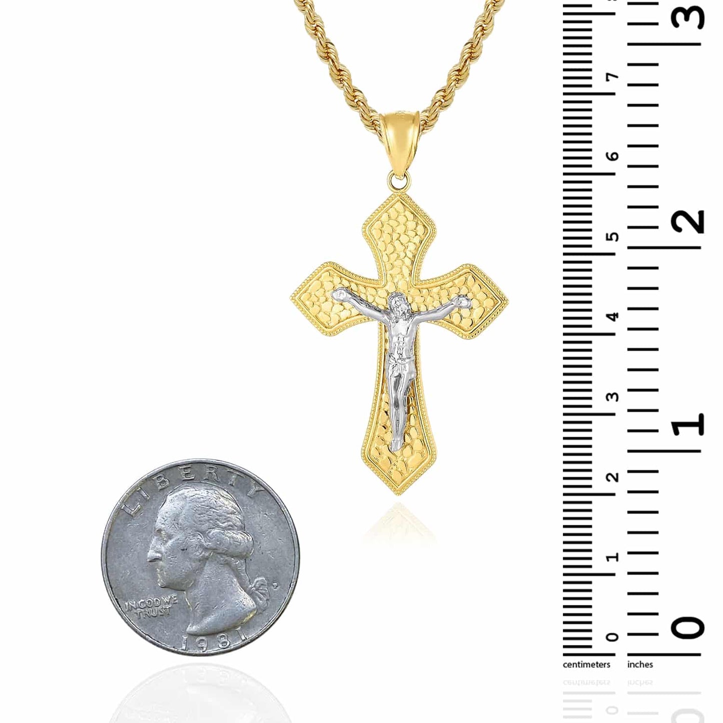 14K Real Gold Two-Tone Yellow White Nugget Pattern Jesus Cross Pendant 1.9"