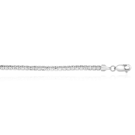 14K White Gold 3mm Diamond-Cut Fancy Iced Mesh Bracelet (Solid Links) 8"