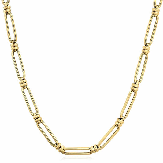 14K Yellow Gold 6mm Double Bar Figaro Paperclip Rondel Necklace (Solid Links) 18"