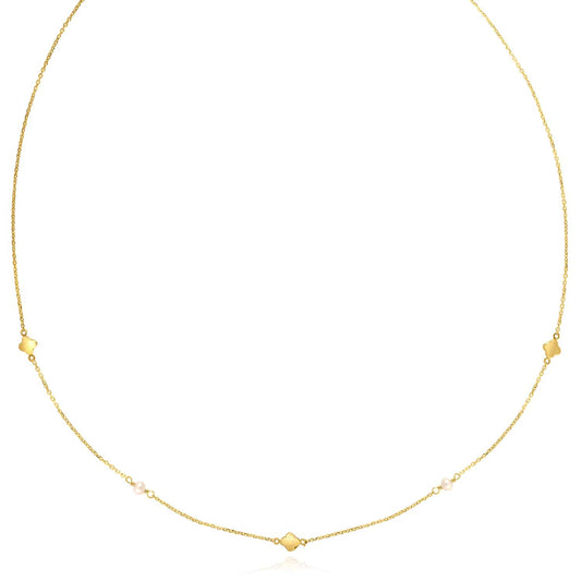14K Yellow Gold Cultured Pearl Clover Charms Necklace (Solid Links) 18"