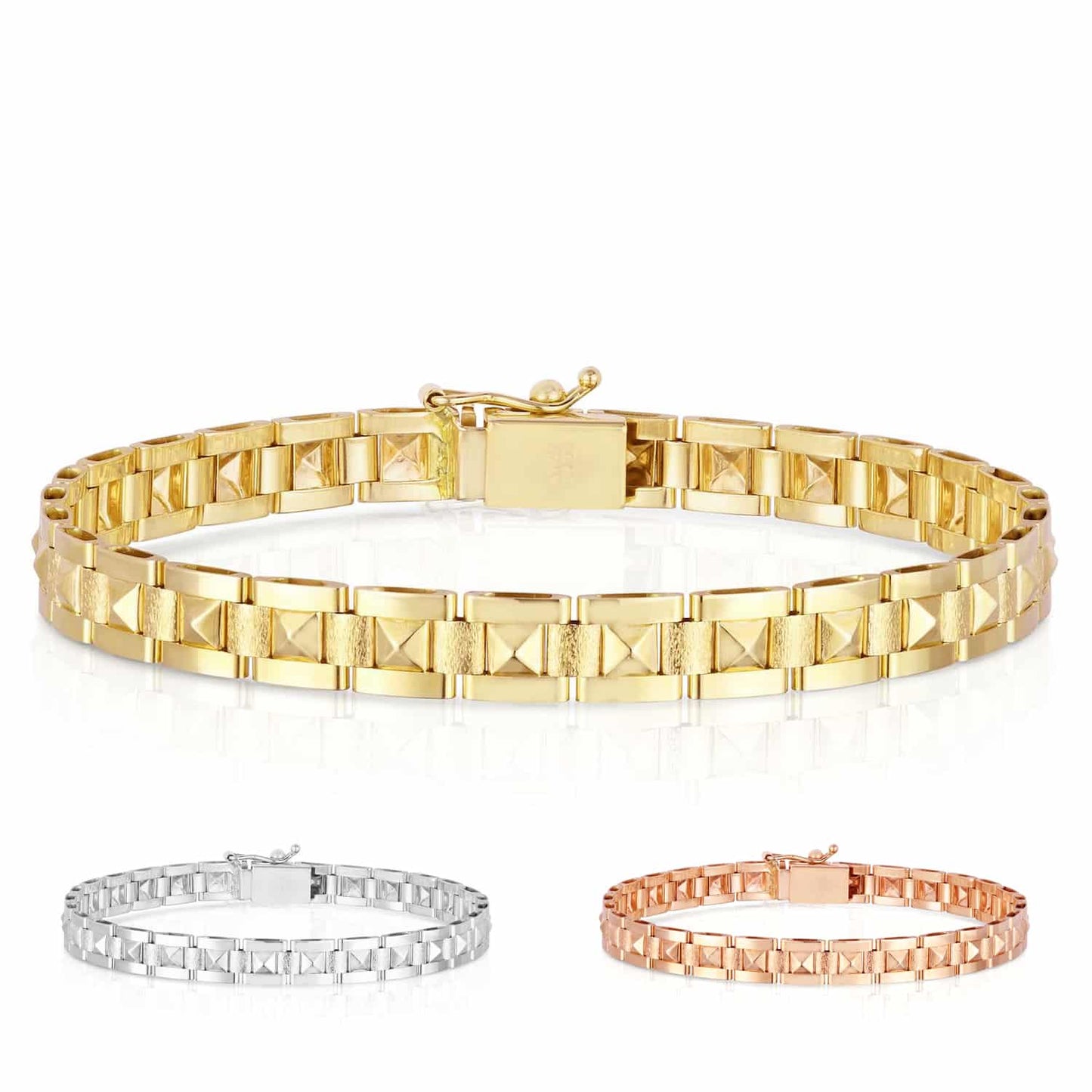 14K Real Gold Yellow White Rose 6mm Stampato Spike Pyramid Bracelet 7"