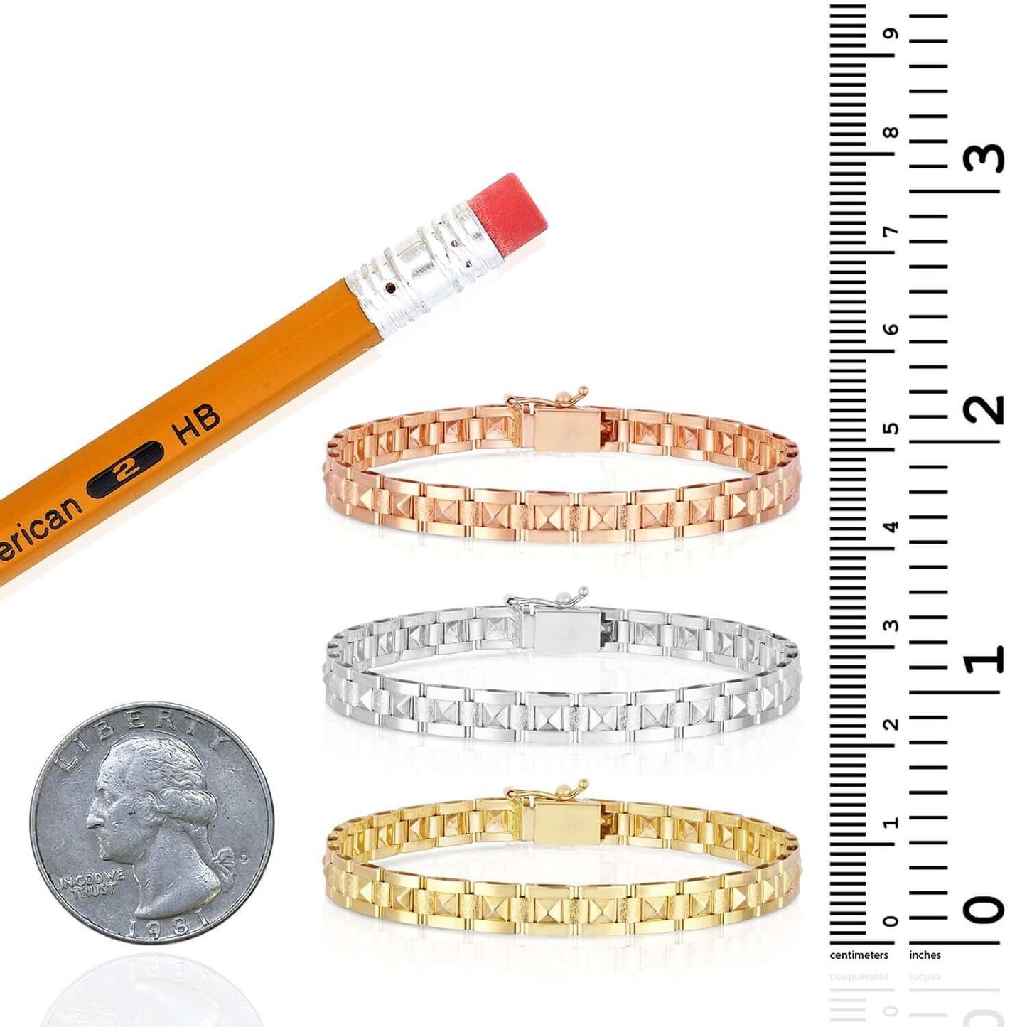 14K Real Gold Yellow White Rose 6mm Stampato Spike Pyramid Bracelet 7"