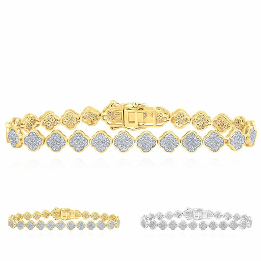 1.85CTW Natural Diamond 7mm 10K Yellow White Gold Clover Bracelet (Solid Links) 7"