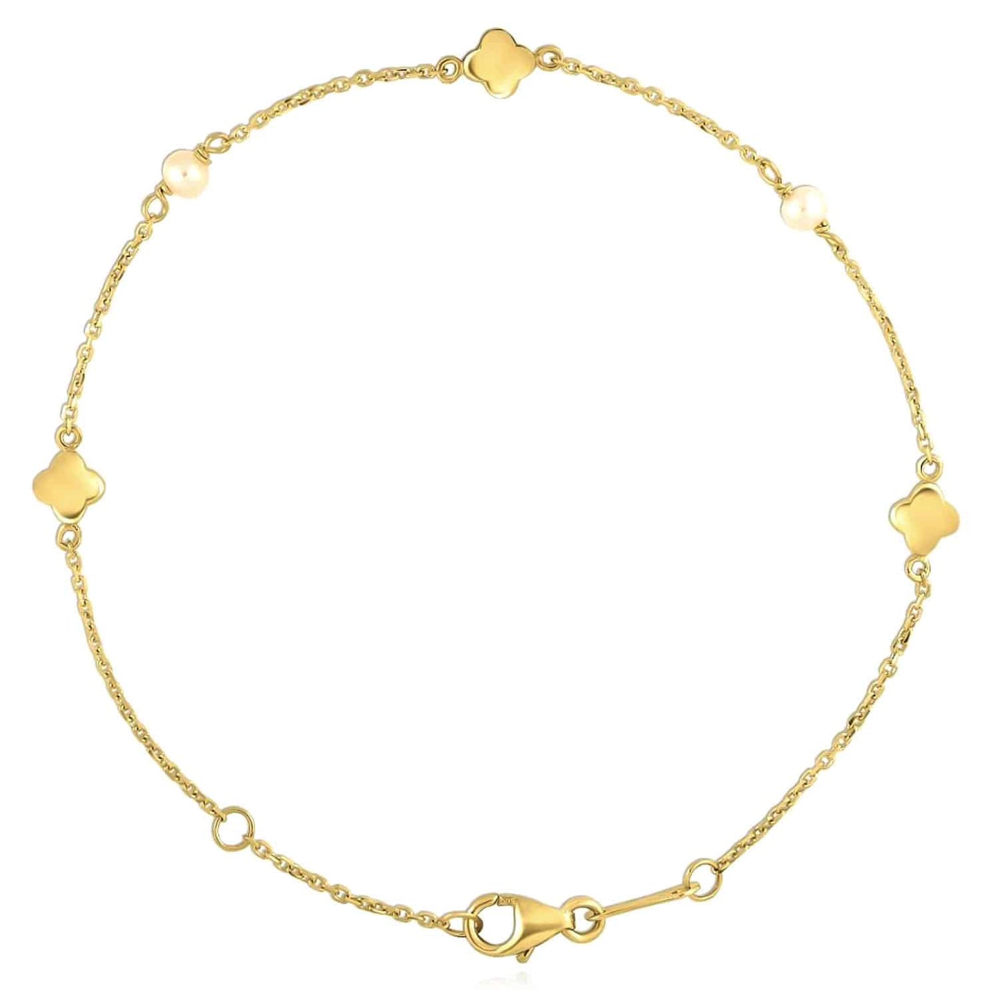 14K Yellow Gold 1mm Cable Clover Leaf Pearl Bracelet (Solid Links) 6.5"-7" Adjustable