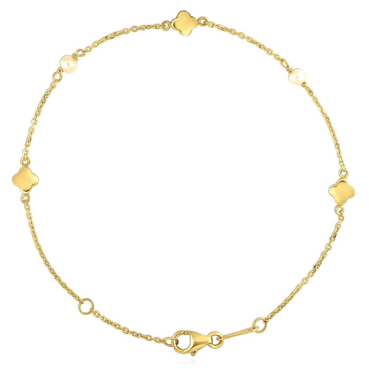 14K Yellow Gold 1mm Cable Clover Leaf Pearl Bracelet (Solid Links) 6.5"-7" Adjustable