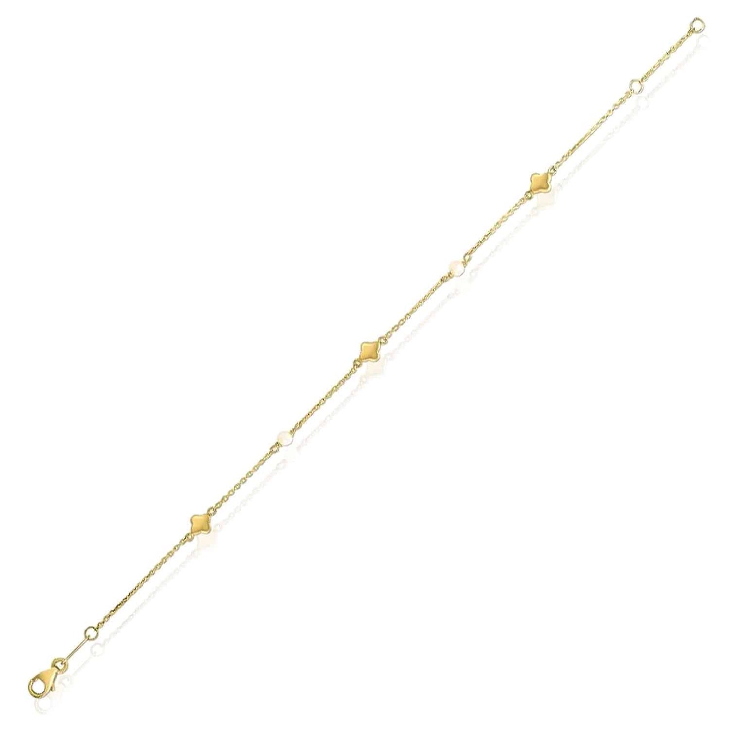 14K Yellow Gold 1mm Cable Clover Leaf Pearl Bracelet (Solid Links) 6.5"-7" Adjustable