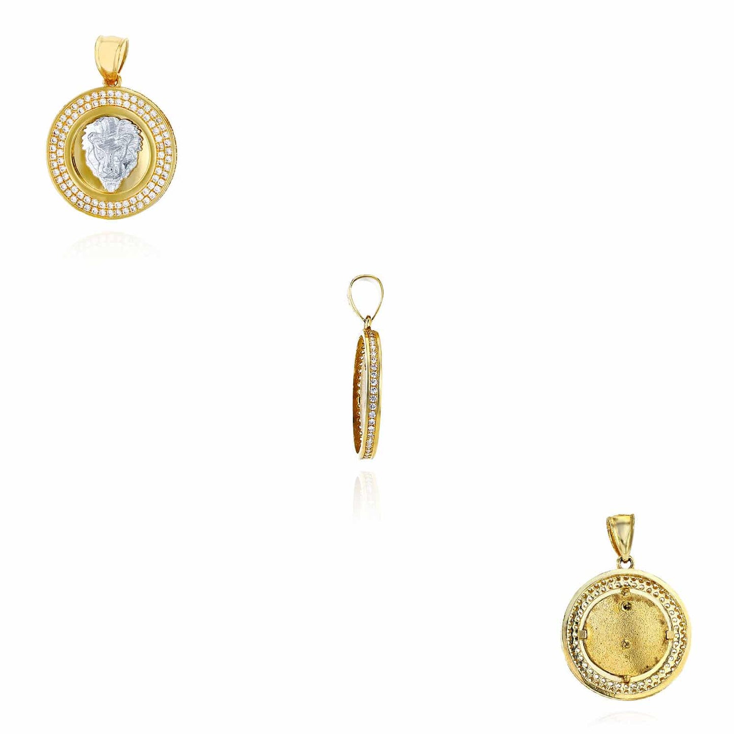 14K Gold Two-Tone Yellow White CZ Lion Face Round Pendant 1.2"