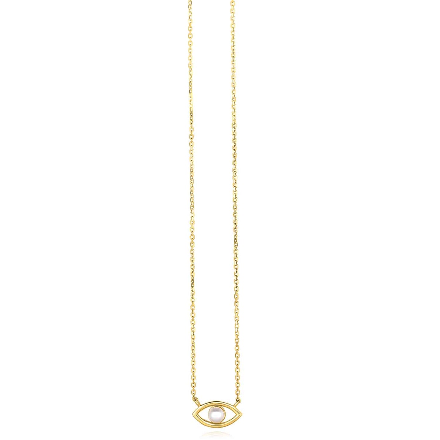 14K Yellow Gold Cultured Pearl Evil Eye Cable Necklace (Solid Links) 16"-18" Adjustable