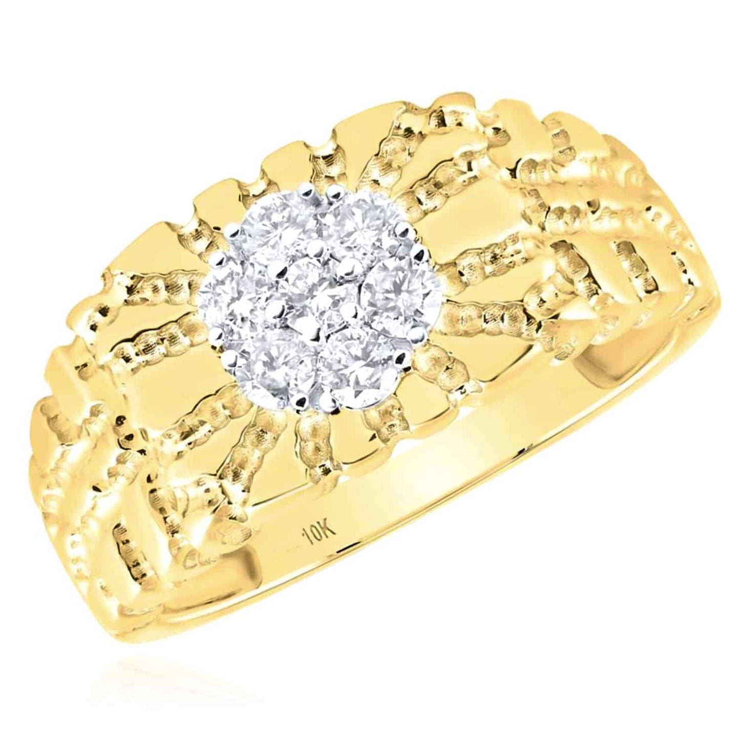 0.50CTW Real Diamond 10K Real Gold Sun Rays Signet Nugget Ring