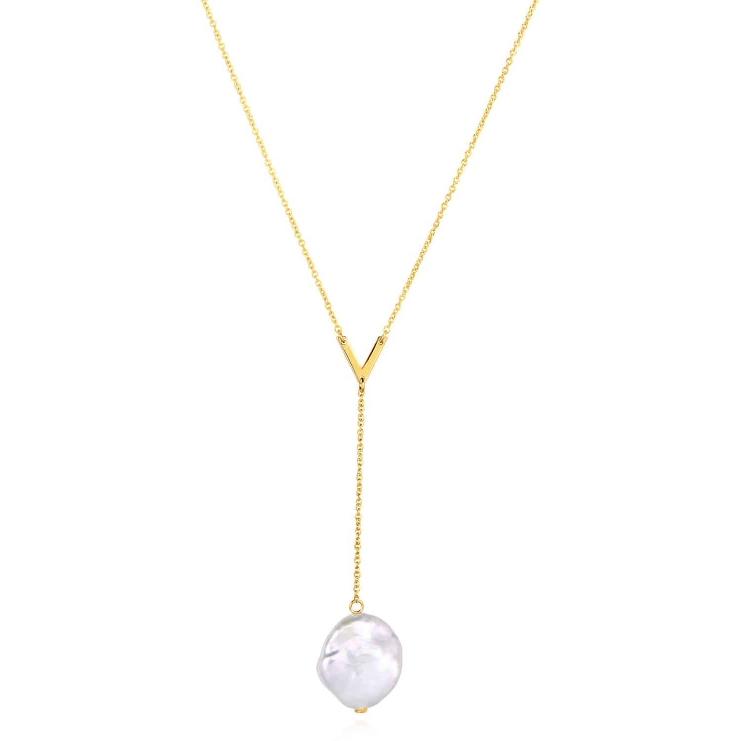 14K Gold Cultured Pearl Cable V-Shape Lariat Necklace 16"-18" Adj