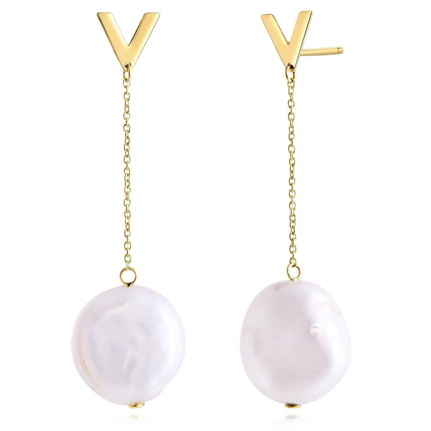 14K Real Gold Cultured Pearls V-Shape Cable Earrings