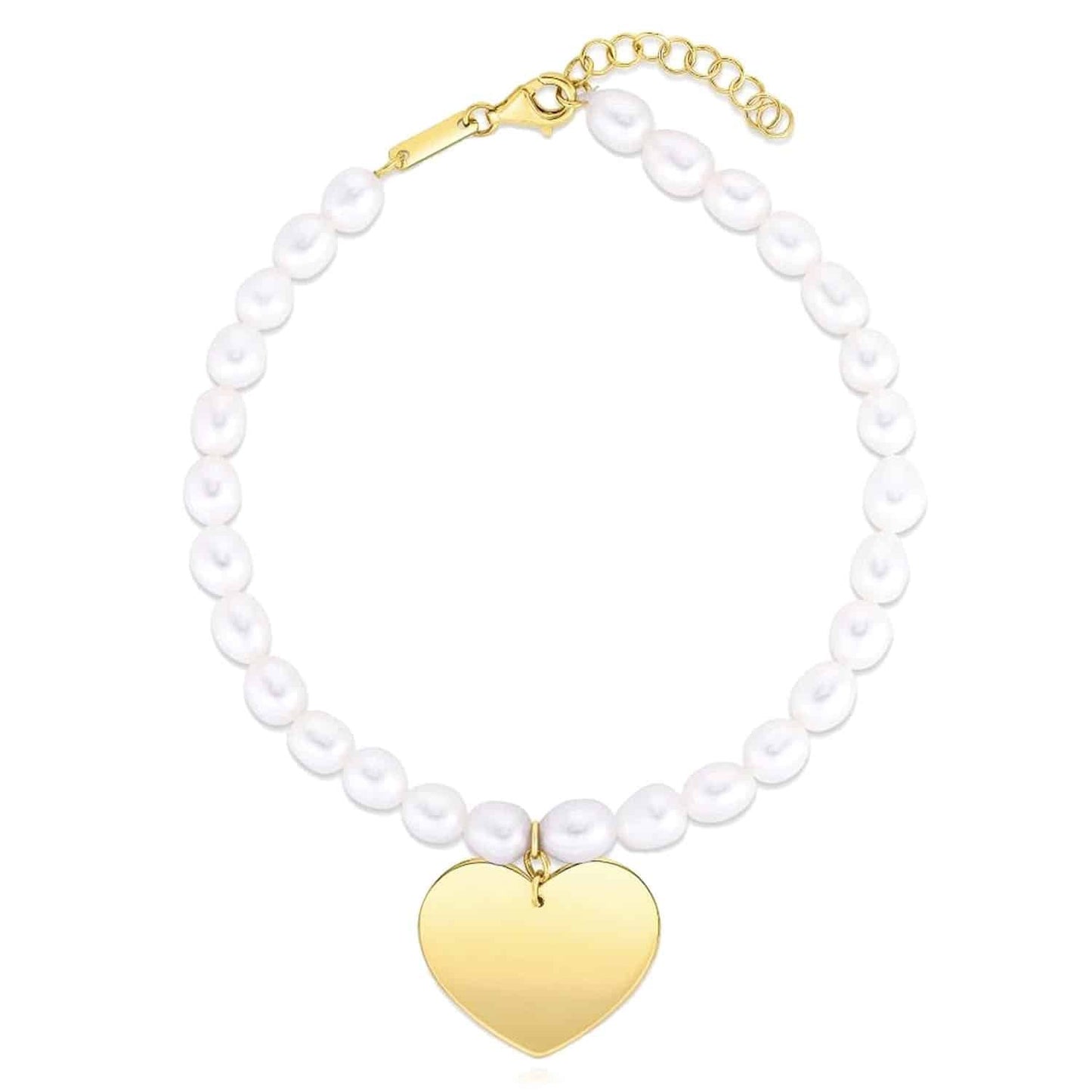 14K Real Gold Yellow Cultured Pearl Strand Heart Charm Bracelet 7.25"-8" Adjustable