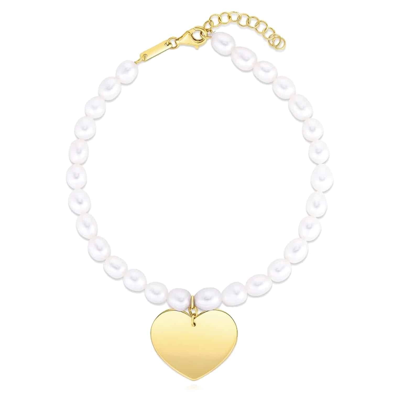 14K Real Gold Yellow Cultured Pearl Strand Heart Charm Bracelet 7.25"-8" Adjustable