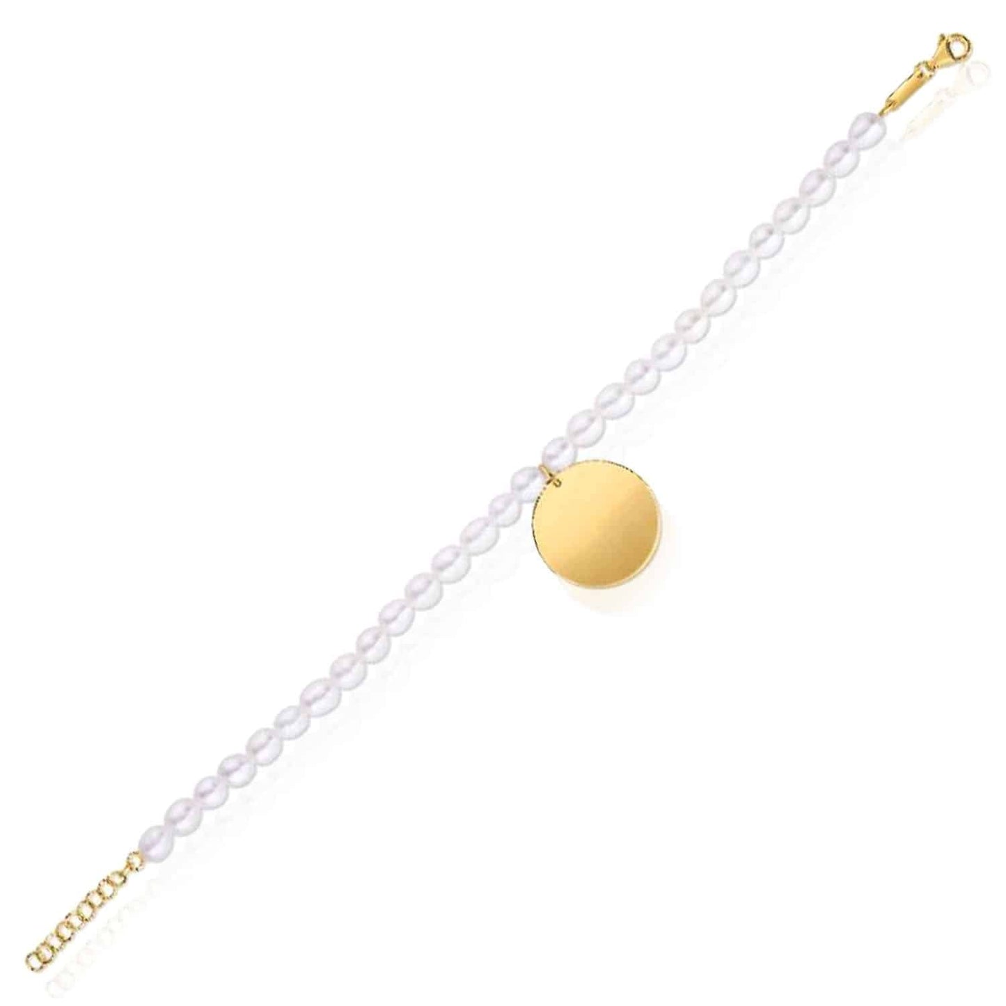 14K Real Gold Yellow Cultured Pearls Strand Round Charm Bracelet 7.25"-8" Adjustable