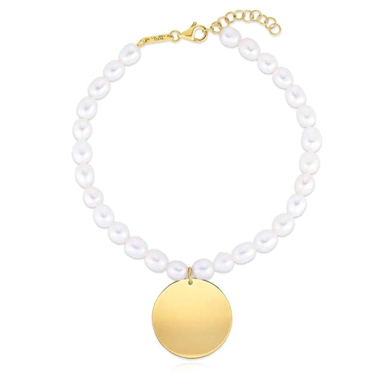 14K Yellow Gold Cultured Pearls Strand Round Charm Bracelet (Solid Links) 7.25"-8" Adjustable