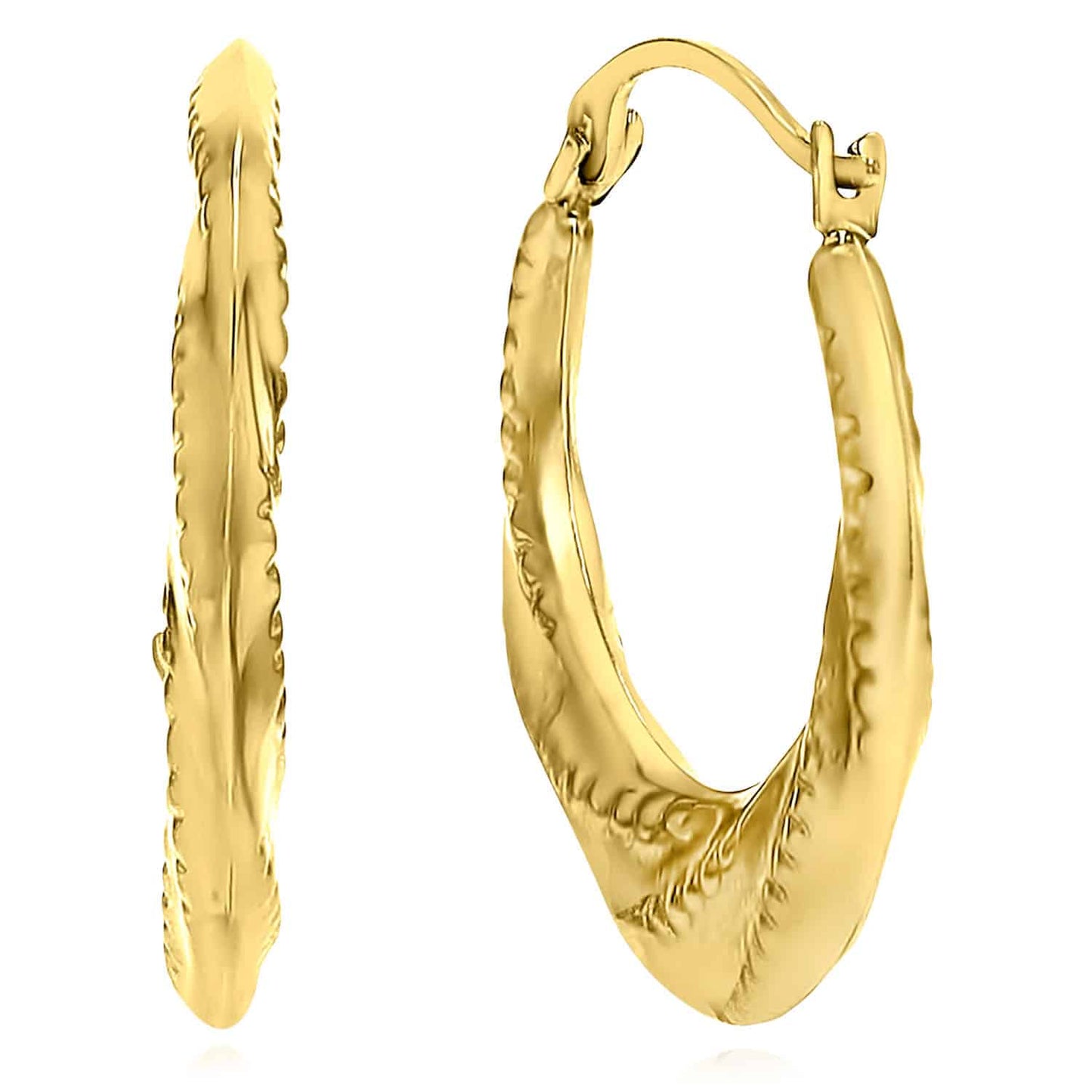 14K Real Gold Stitched Pattern Twisted Hoop Earrings 19mm