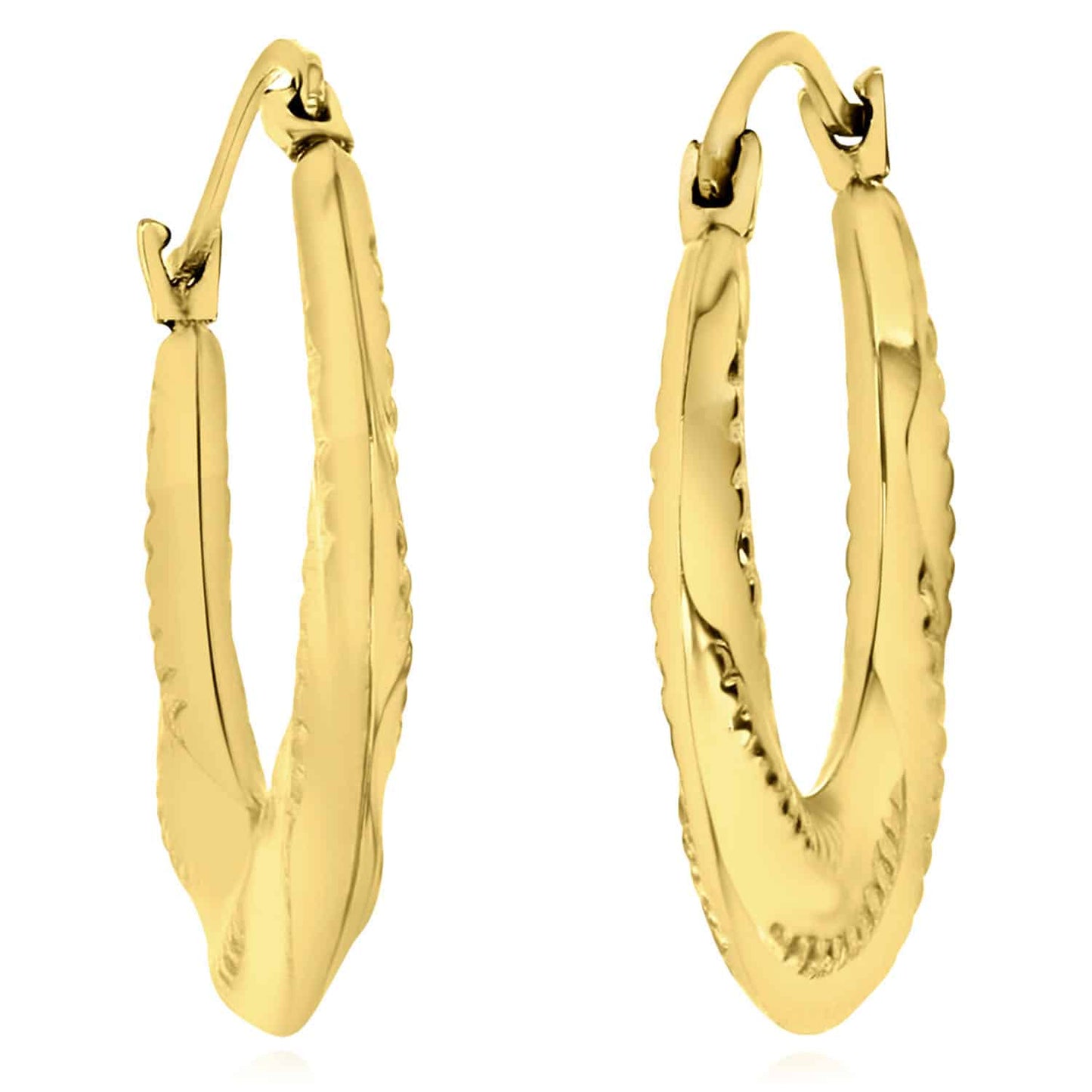 14K Real Gold Stitched Pattern Twisted Hoop Earrings 19mm