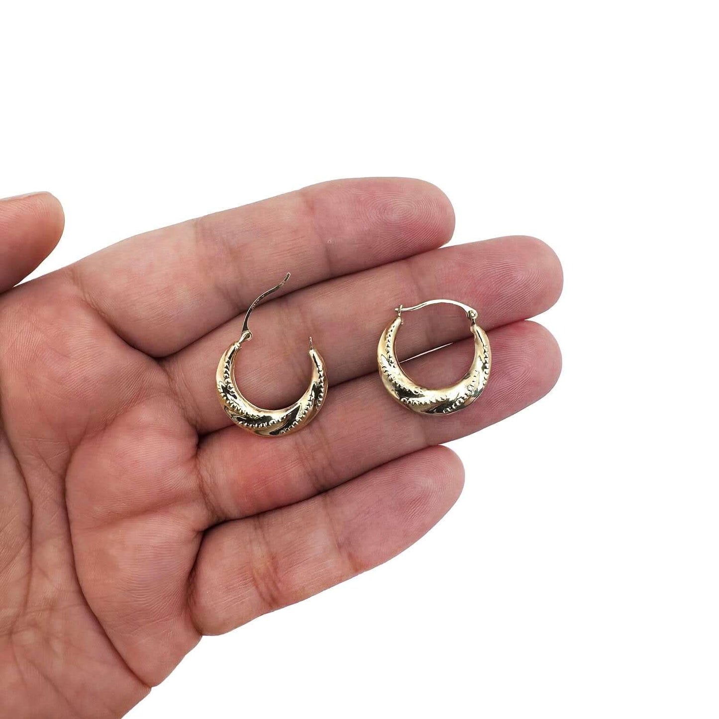 14K Real Gold Stitched Pattern Twisted Hoop Earrings 19mm