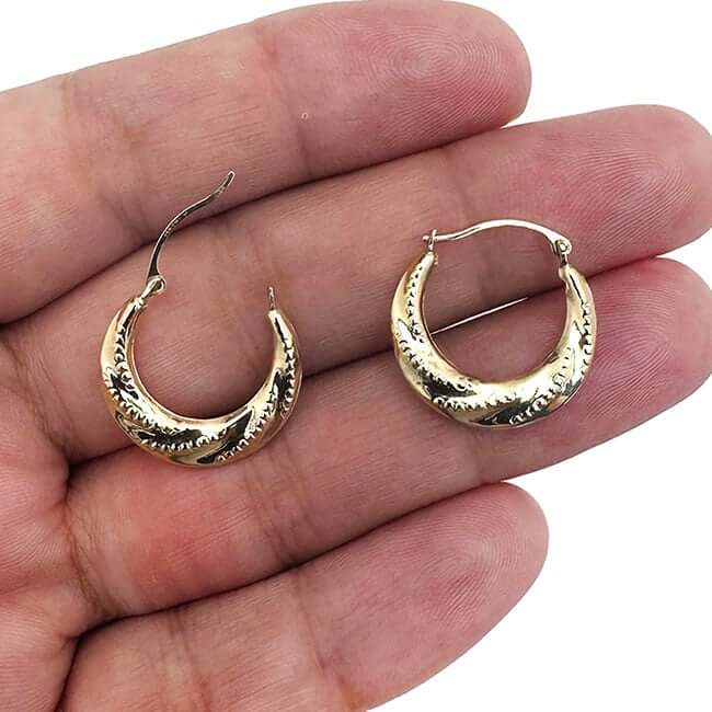 14K Real Gold Stitched Pattern Twisted Hoop Earrings 19mm