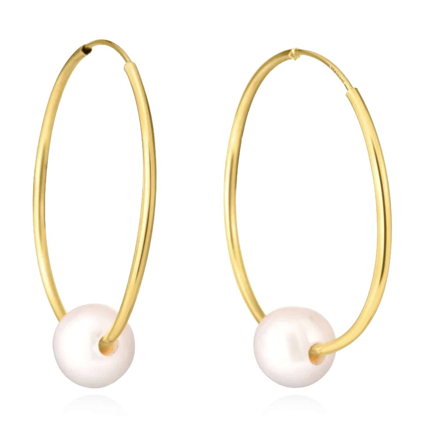 14K Real Gold Cultured Pearl Hinged Hoop Earrings 15mm-25mm